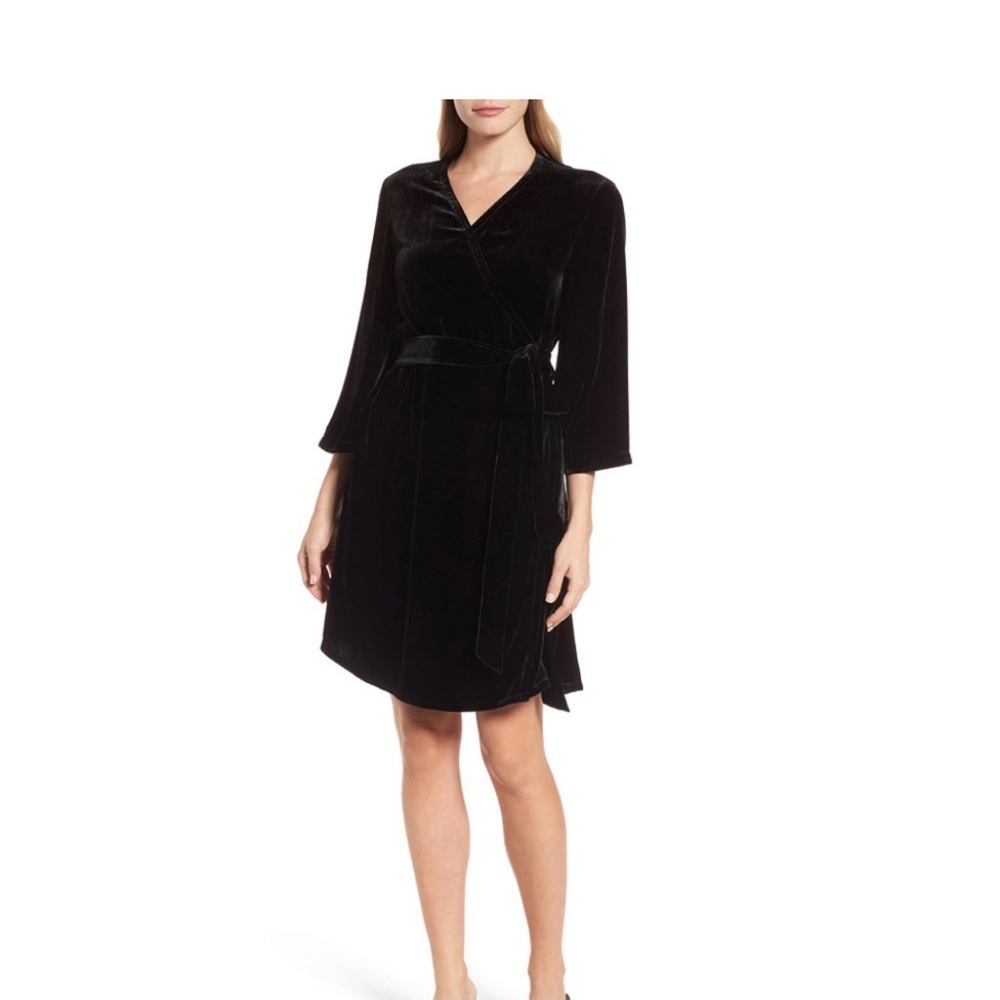 Eileen Fisher Black Velvet Bell Sleeve Wrap Dress